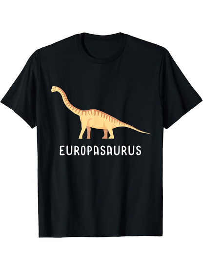 Men's Graphic T-Shirt Europasaurus With Cartoon Yellow Patterned Dinosaur Under White Text