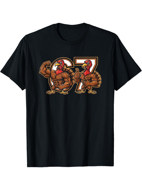 Men's Graphic T-Shirt Cartoon Turkeys Dancing In Front Of Bold Number Sixty Seven