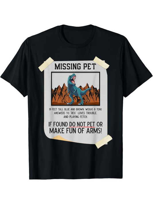 Men's Graphic T-Shirt Missing Pet Poster With Tape Cartoon Dinosaur Warning Over Rocky Mountains