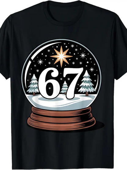 Men's Graphic T-Shirt Snowy Pine Landscape With Sparkling Starry Sky Inside Snow Globe