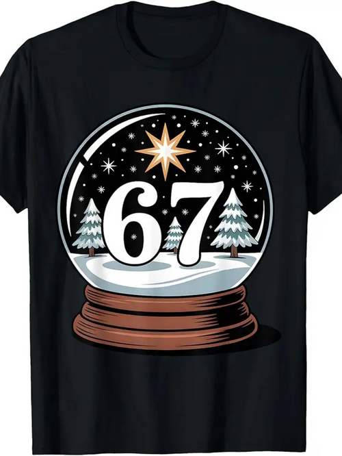 Men's Graphic T-Shirt Snowy Pine Landscape With Sparkling Starry Sky Inside Snow Globe