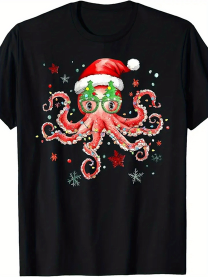 Men's Graphic T-Shirt Christmas Santa Hat With Stars Festive Holiday Octopus