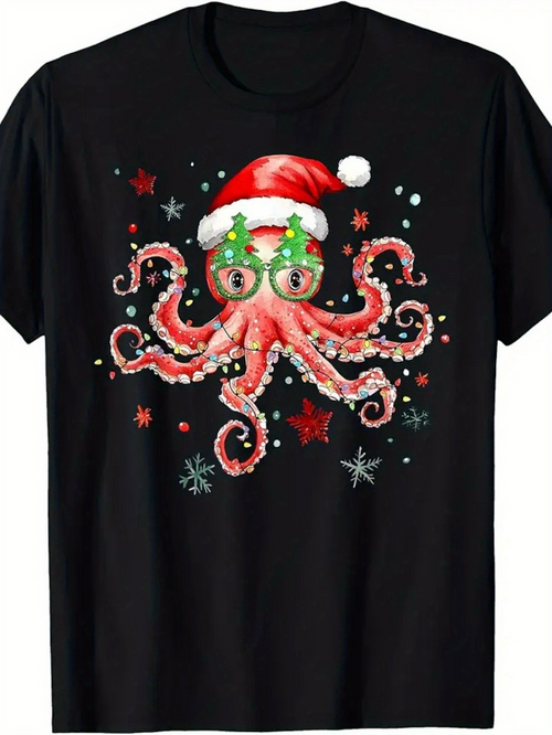 Men's Graphic T-Shirt Christmas Santa Hat With Stars Festive Holiday Octopus