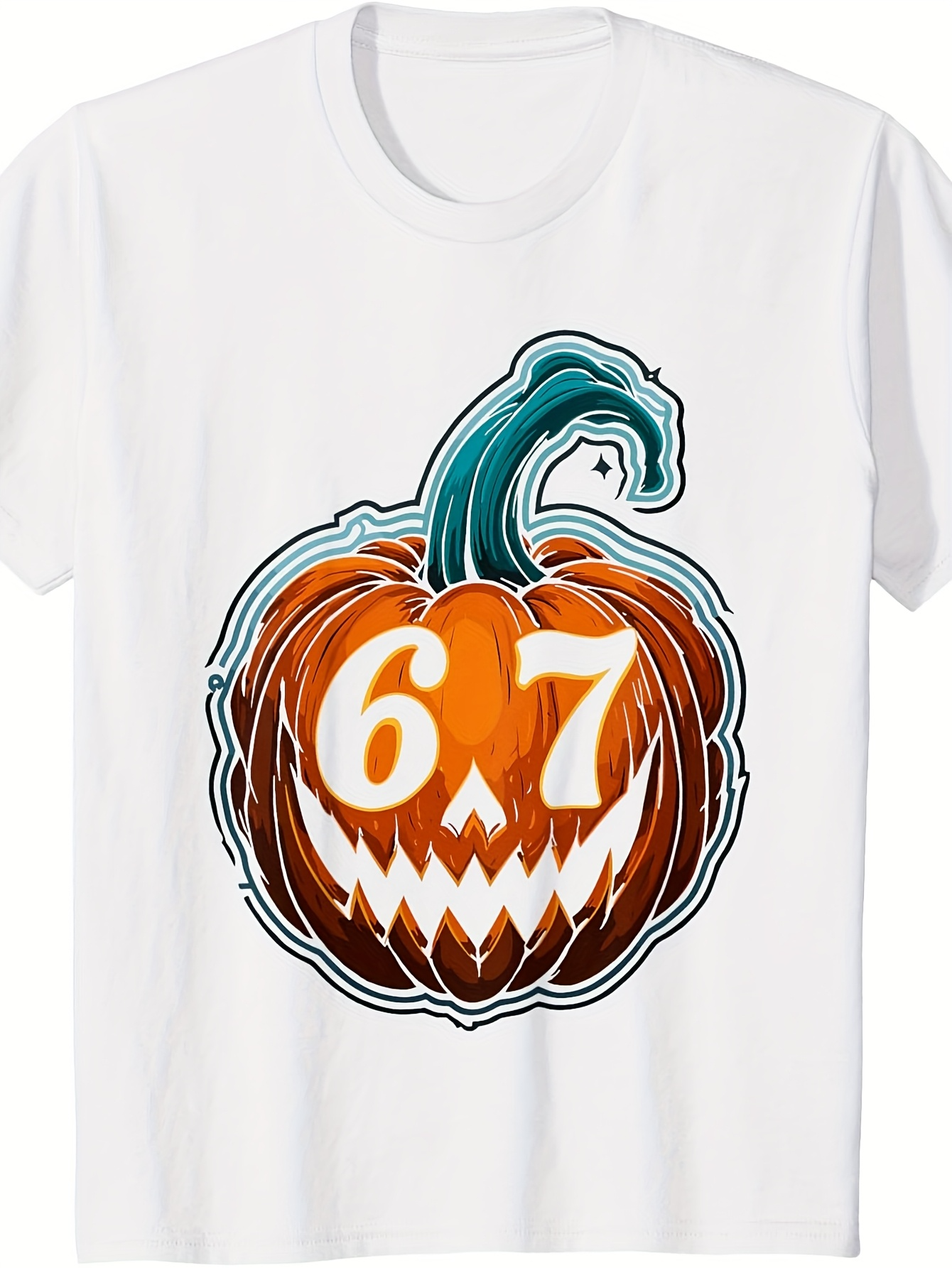 Men's Graphic T-Shirt Pumpkin Illustration With Sharp Teeth Under Green Twisting Vine Pumpkin