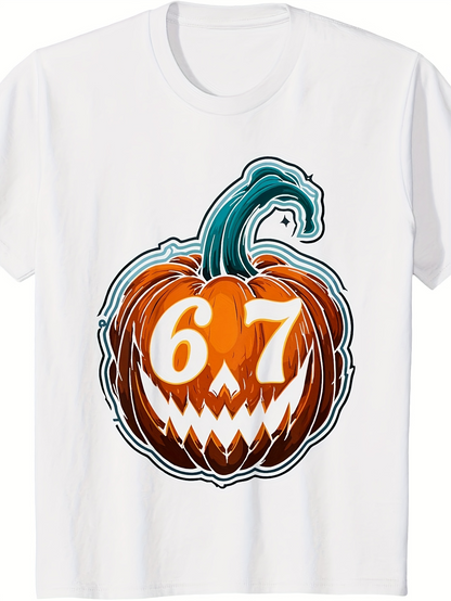 Men's Graphic T-Shirt Pumpkin Illustration With Sharp Teeth Under Green Twisting Vine Pumpkin