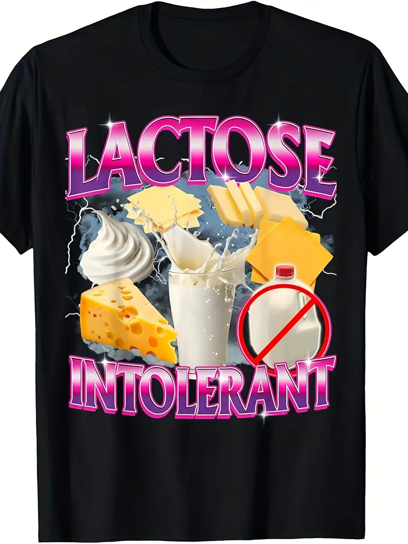 Men's Graphic T-Shirt Lactose Intolerant With Cheese Milk And Ice Cream Surrounded By Electric Effects