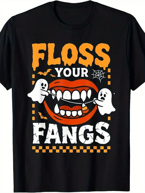 Men's Graphic T-Shirt Floss Your Fangs With Cartoon Ghosts And Vampire Teeth Underweb Halloween Theme