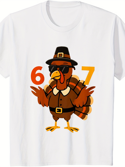 Men's Graphic T-Shirt Cool Pilgrim Turkey With Sunglasses Feathers Standing Between Orange Numbers