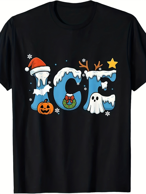Men's Graphic T-Shirt Festive Halloween Christmas Mixed Ice Lettering With Ghost Pumpkin And Snow