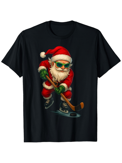 Men's Graphic T-Shirt Cool Santa Wearing Sunglasses Playing Winter Ice Hockey