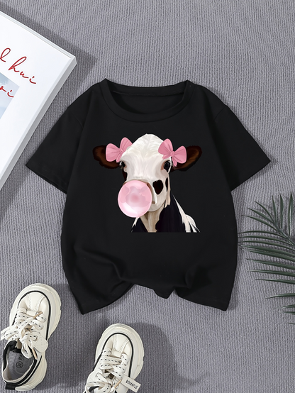 Men's Graphic T-Shirt Cute Pink Bow Accents With Blowing Bubblegum Black And White Cow