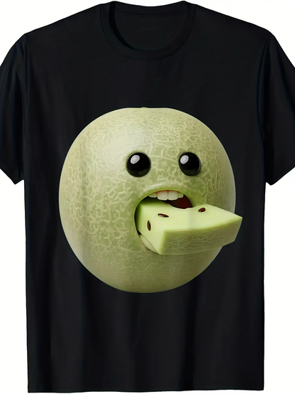 Men's Graphic T-Shirt Cute Surreal Green Melon With Cartoon Face Eating Slice Fruit