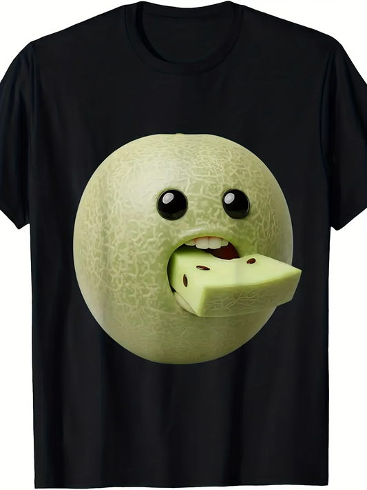 Men's Graphic T-Shirt Cute Surreal Green Melon With Cartoon Face Eating Slice Fruit