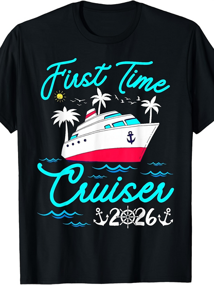 Men's Graphic T-Shirt First Time Cruiser With Palm Trees Sun And Anchors Cruise Ship