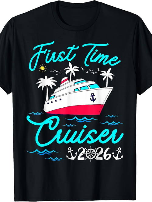 Men's Graphic T-Shirt First Time Cruiser With Palm Trees Sun And Anchors Cruise Ship
