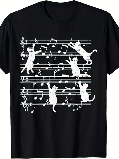 Men's Graphic T-Shirt Playful Cats Dancing Along Musical Notes Sheet Music