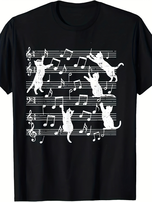 Men's Graphic T-Shirt Playful Cats Dancing Along Musical Notes Sheet Music