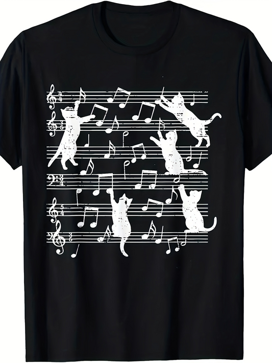Men's Graphic T-Shirt Playful Cats Dancing Along Musical Notes Sheet Music