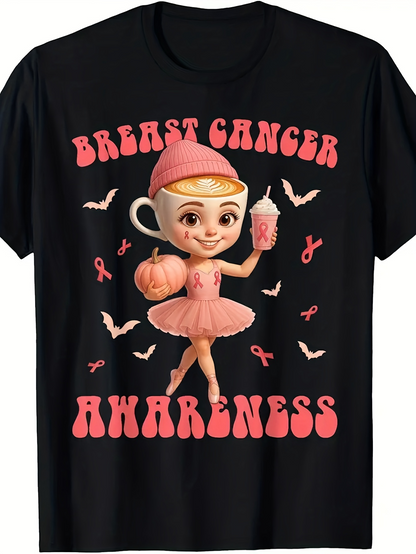 Men's Graphic T-Shirt Breast Cancer Awareness Cheerful Ballerina Surrounded By Pumpkins And Awareness Ribbons