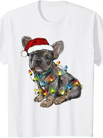 Men's Graphic T-Shirt Holiday Festive Lights With Santa Hat On French Bulldog