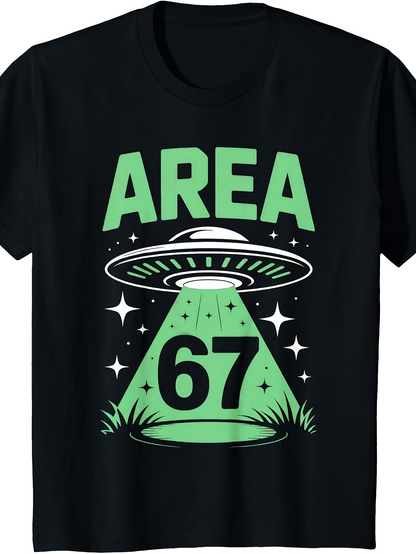 Men's Graphic T-Shirt Area 67 Green Glowing UFO Beaming Light Over Mysterious Grassy Field
