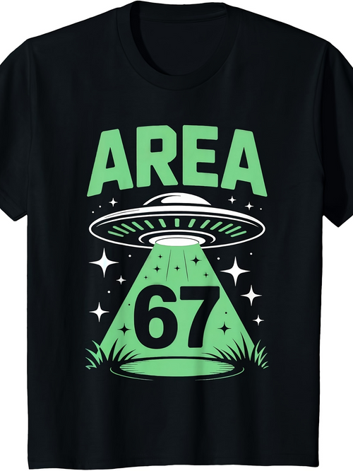Men's Graphic T-Shirt Area 67 Green Glowing UFO Beaming Light Over Mysterious Grassy Field