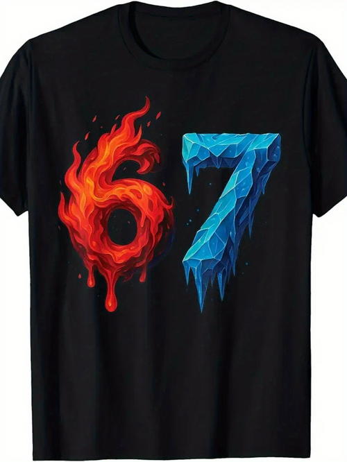 Men's Graphic T-Shirt Fire And Ice Effect With Burning Melting Number Sixty Seven