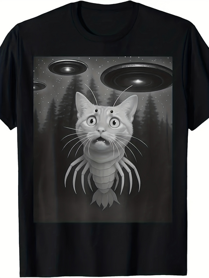 Men's Graphic T-Shirt Surreal Alien Forest With Spaceships And Mutant Cat Creature
