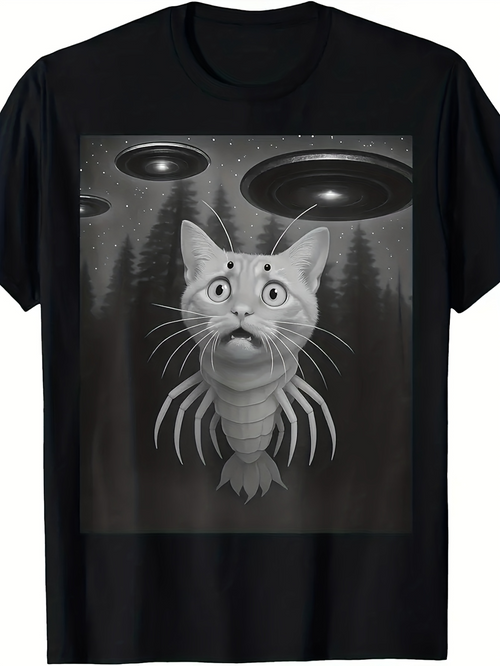 Men's Graphic T-Shirt Surreal Alien Forest With Spaceships And Mutant Cat Creature