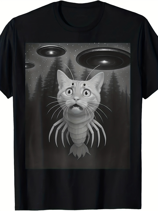 Men's Graphic T-Shirt Surreal Alien Forest With Spaceships And Mutant Cat Creature