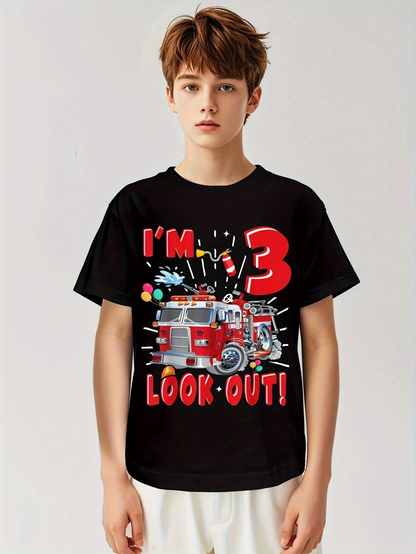 Men's Graphic T-Shirt Im Three Look Out With Bright Balloons Fire Truck And Party Confetti