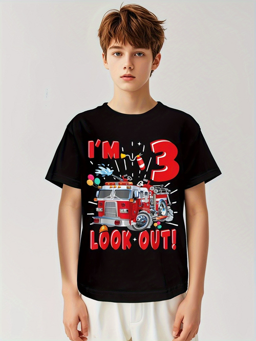 Men's Graphic T-Shirt Im Three Look Out With Bright Balloons Fire Truck And Party Confetti