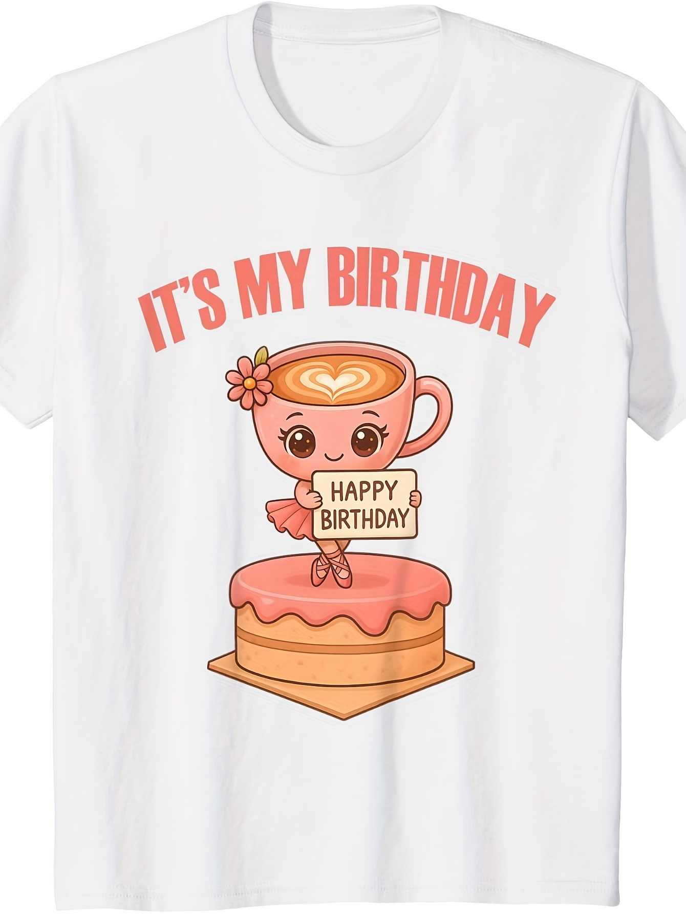Men's Graphic T-Shirt Its My Birthday Cheerful Cupcake With Smiling Teacup On Pink Frosted Cake