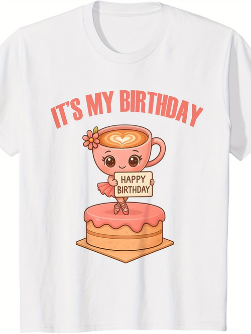 Men's Graphic T-Shirt Its My Birthday Cheerful Cupcake With Smiling Teacup On Pink Frosted Cake