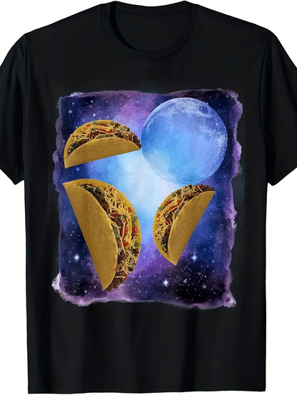 Men's Graphic T-Shirt Galactic Night Sky With Shining Blue Moon And Floating Tacos