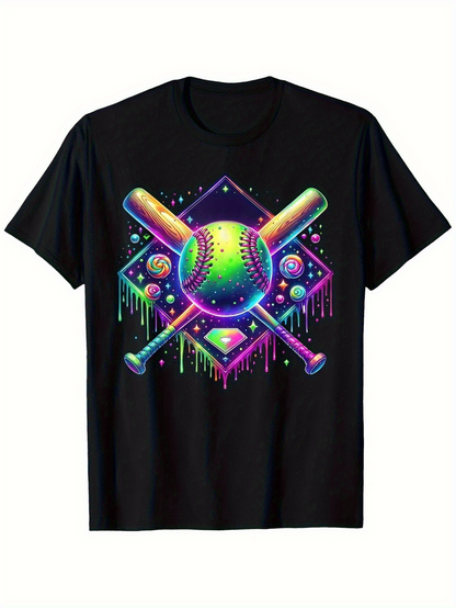 Men's Graphic T-Shirt Neon Splash With Dripping Colorful Effects Featuring Baseball Bat