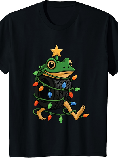 Men's Graphic T-Shirt Playful Green Frog Wrapped With Festive Christmas Lights Smiling Cheerful Animal