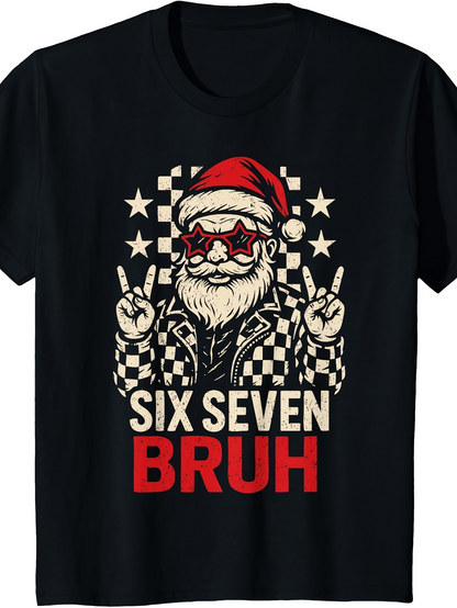 Men's Graphic T-Shirt Six Seven Bruh Cool Santa With Stars And Peace Hands Design