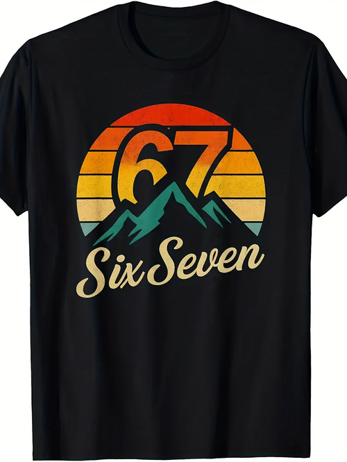Men's Graphic T-Shirt Six Seven Vintage Sunset With Mountains And Bold Numbers Graphic
