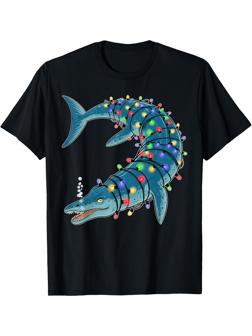 Men's Graphic T-Shirt Colorful Holiday Lights Wrapped Around Playful Sea Dinosaur