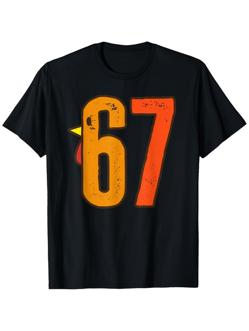 Men's Graphic T-Shirt Distressed Orange Sixty Seven Numbers On Black T Shirt