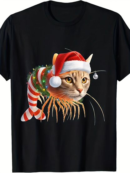 Men's Graphic T-Shirt Santa Hat Christmas Lights With Cat And Shrimp Hybrid