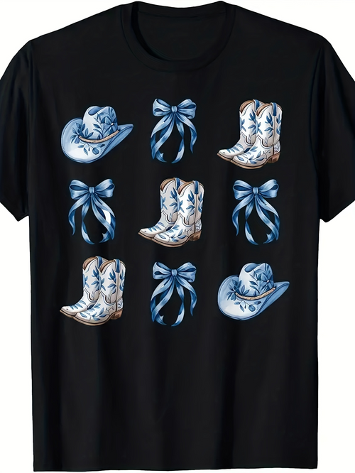 Men's Graphic T-Shirt Blue Ribbon Cowboy Hats With Vintage Floral Boots