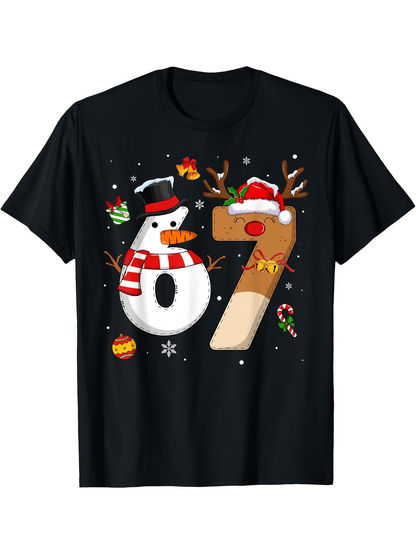 Men's Graphic T-Shirt Playful Christmas Snowman And Reindeer Numbers With Holiday Decorations