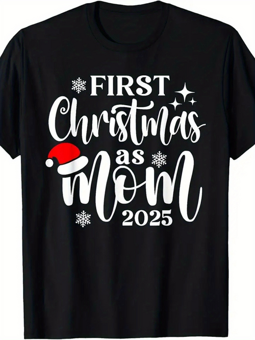 Men's Graphic T-Shirt First Christmas As Mom With Red Santa Hat And Sparkling Snowflakes T Shirt
