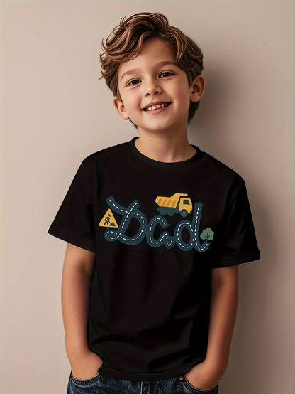 Men's Graphic T-Shirt Dad With Cartoon Construction Truck And Road Sign Graphic Black T Shirt