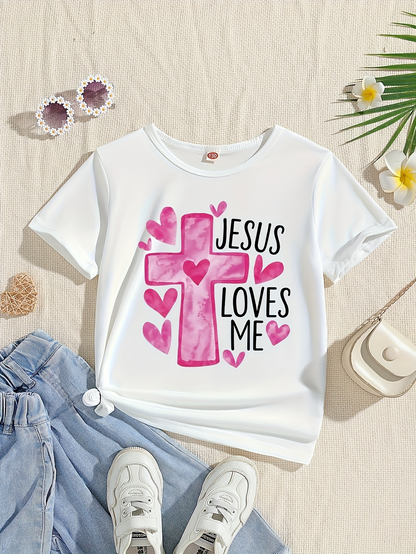 Men's Graphic T-Shirt Jesus Loves Me Pink Hearts With Watercolor Stained Cross