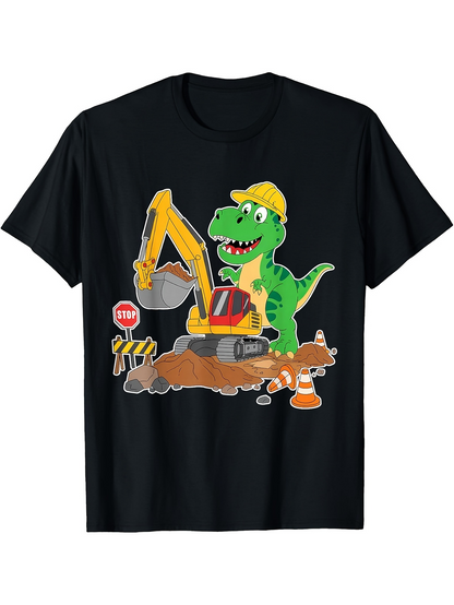 Men's Graphic T-Shirt Playful Dinosaur With Construction Equipment And Road Signs Excavator