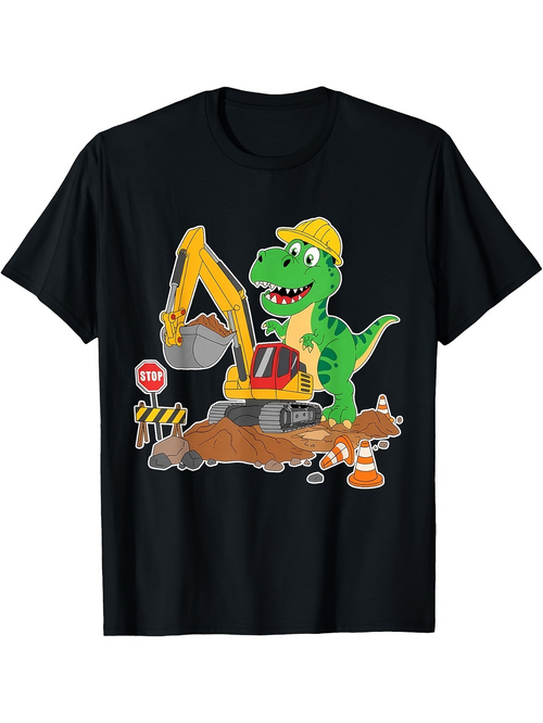 Men's Graphic T-Shirt Playful Dinosaur With Construction Equipment And Road Signs Excavator