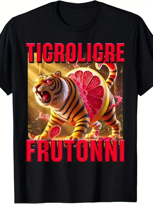 Men's Graphic T-Shirt Tigroligre Frutonni Vibrant Citrus Slices Splashed Around A Fierce Tiger